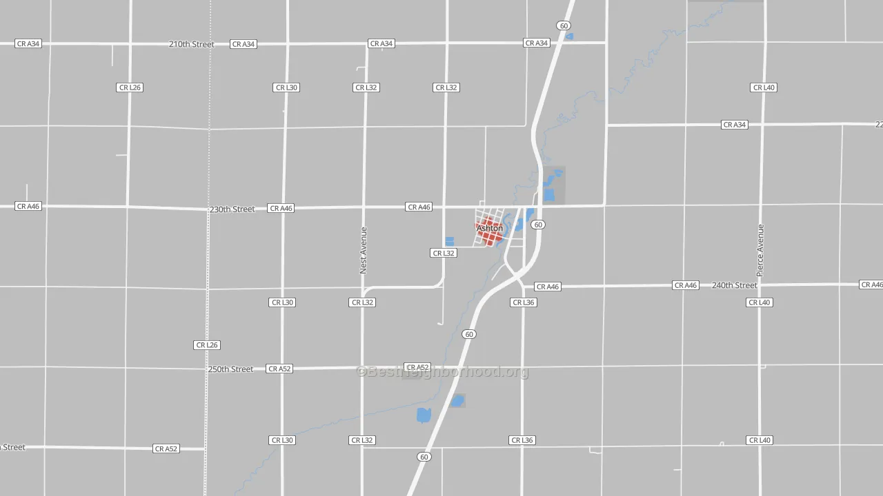 Walk Grade map of 51232, IA, walkable areas in green and car-dependent areas in red