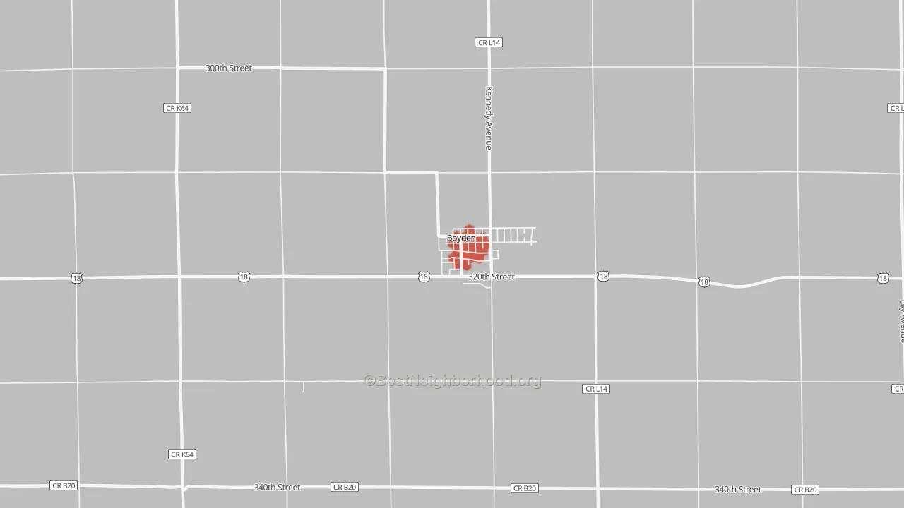 Walk Grade map of 51234, IA, walkable areas in green and car-dependent areas in red
