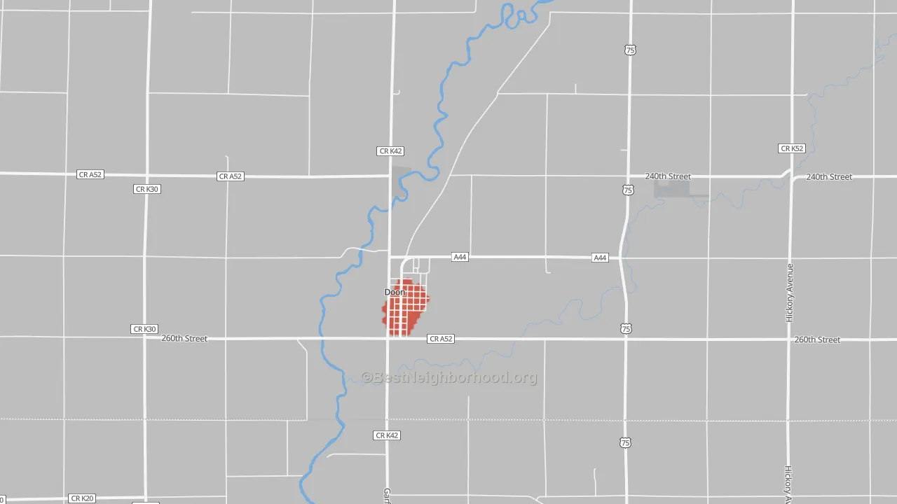 Walk Grade map of 51235, IA, walkable areas in green and car-dependent areas in red