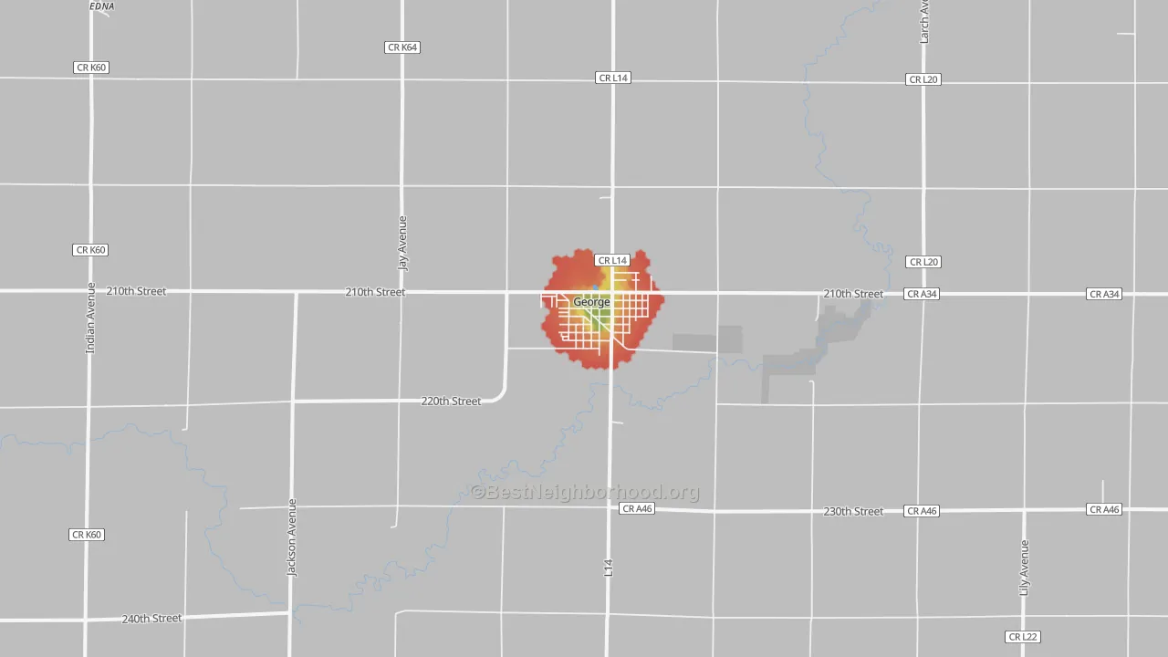 Walk Grade map of 51237, IA, walkable areas in green and car-dependent areas in red