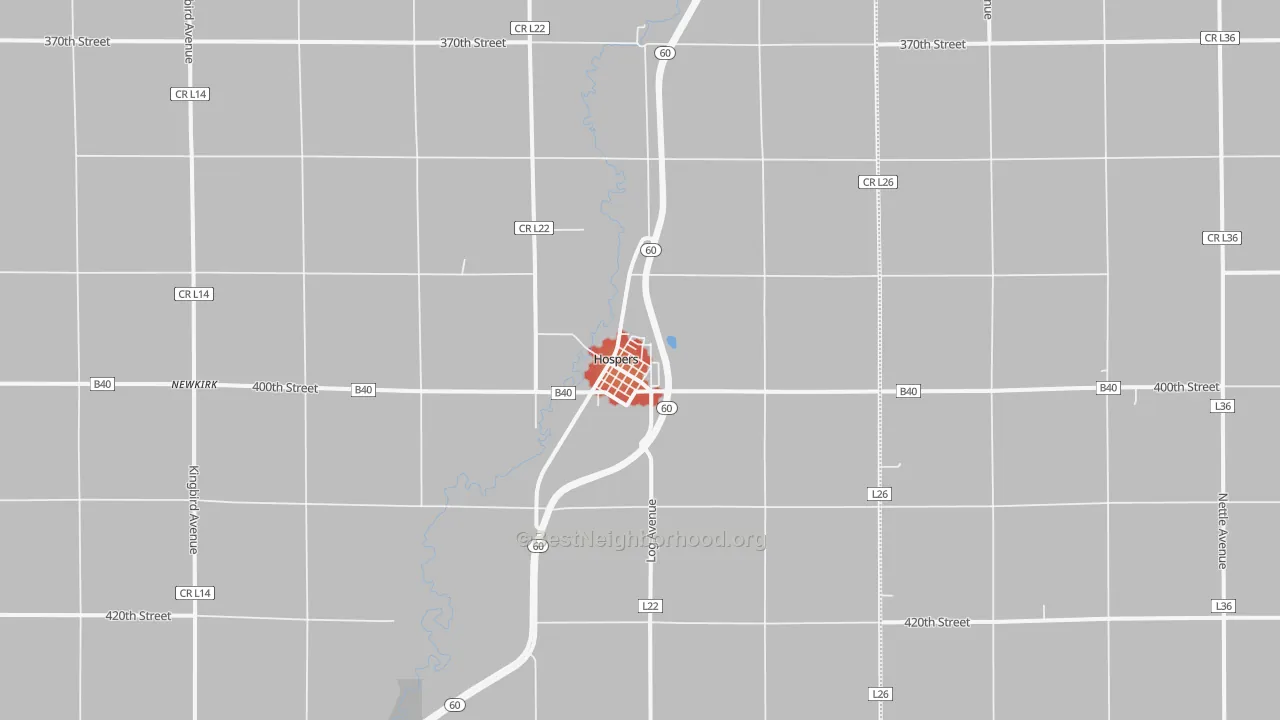 Walk Grade map of 51238, IA, walkable areas in green and car-dependent areas in red