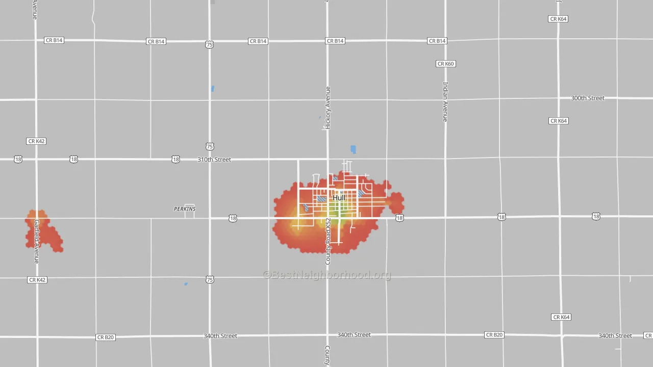 Walk Grade map of 51239, IA, walkable areas in green and car-dependent areas in red