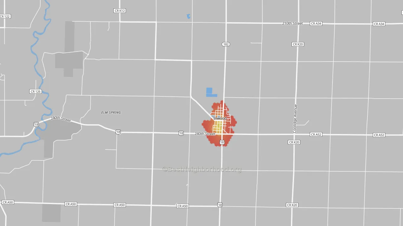 Walk Grade map of 51240, IA, walkable areas in green and car-dependent areas in red