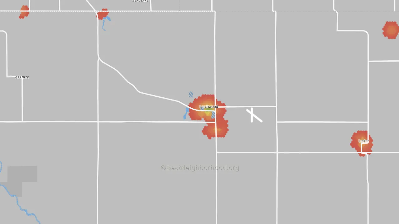 Walk Grade map of 51241, IA, walkable areas in green and car-dependent areas in red