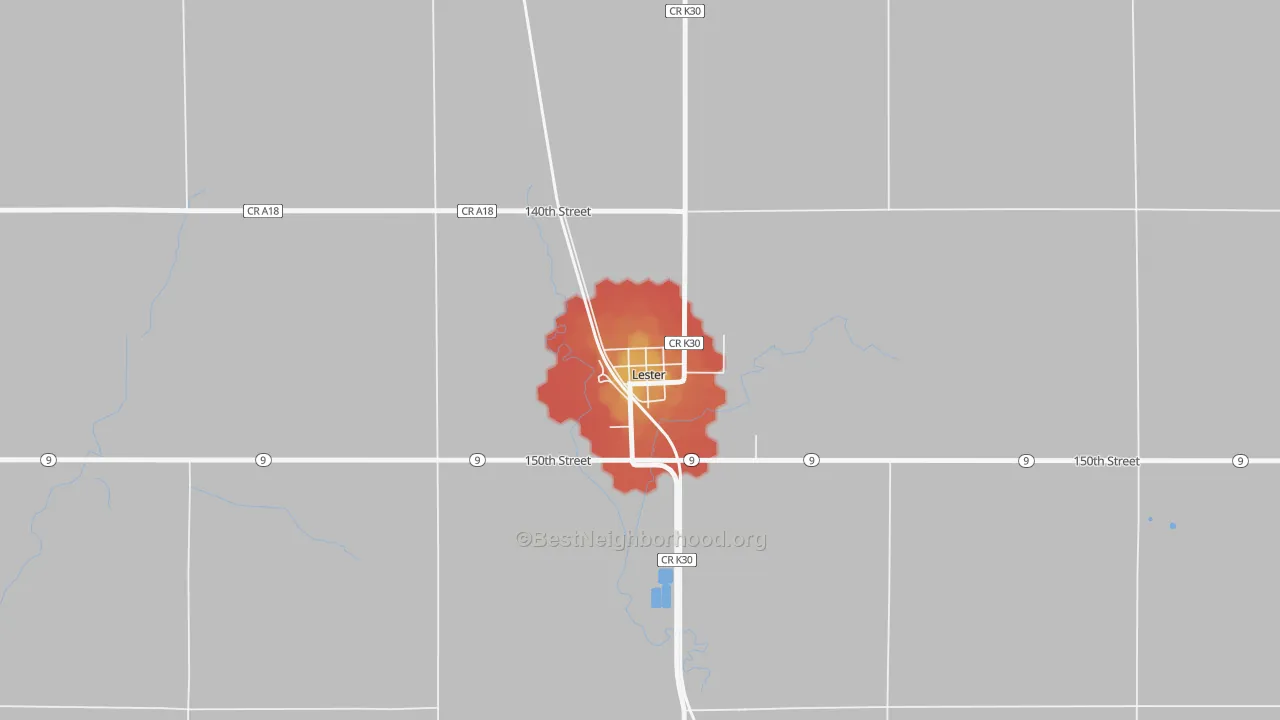 Walk Grade map of 51242, IA, walkable areas in green and car-dependent areas in red