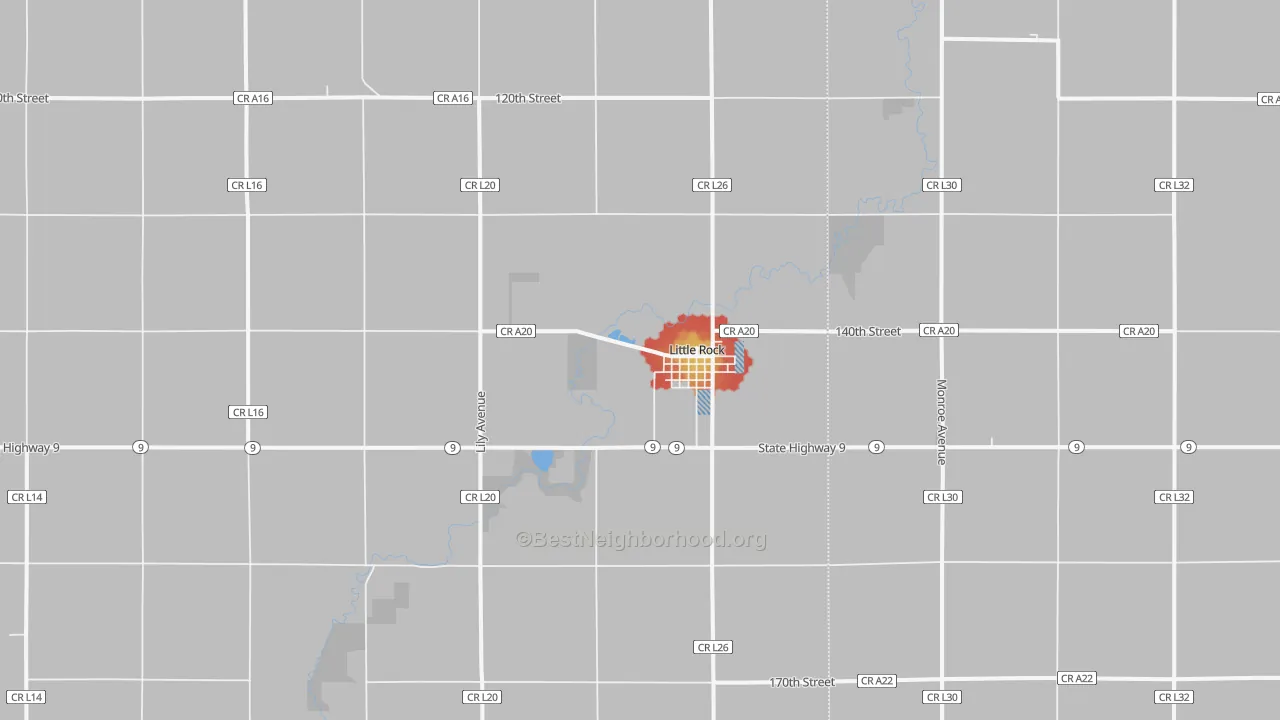 Walk Grade map of 51243, IA, walkable areas in green and car-dependent areas in red