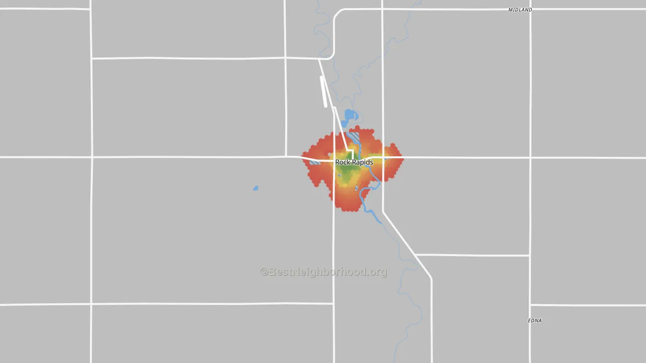 Walk Grade map of 51246, IA, walkable areas in green and car-dependent areas in red