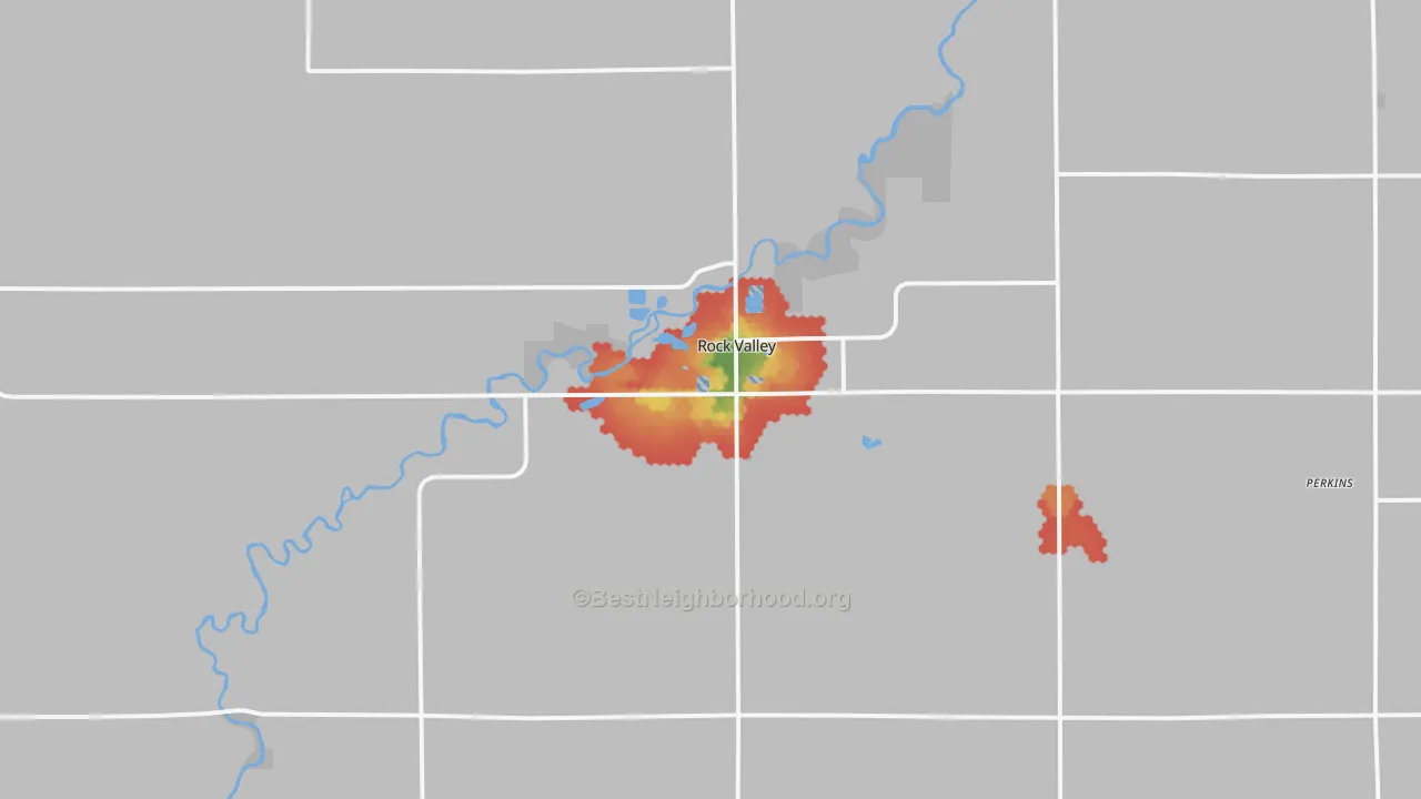 Walk Grade map of 51247, IA, walkable areas in green and car-dependent areas in red