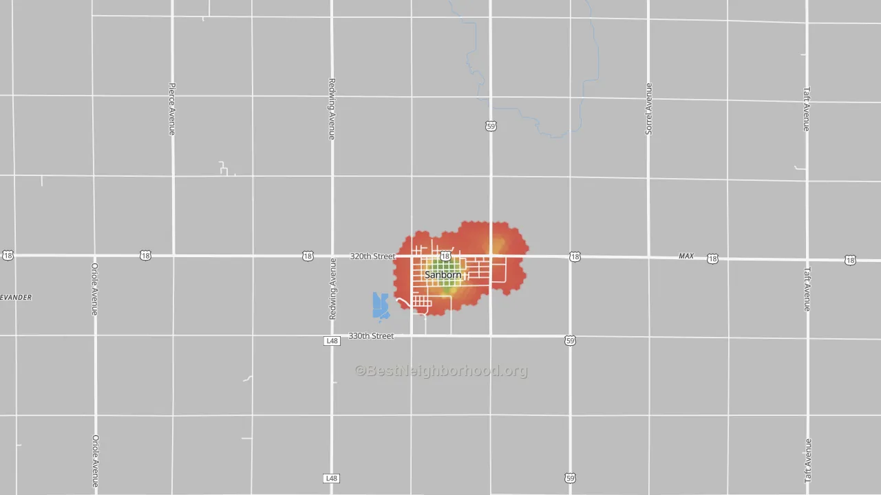 Walk Grade map of 51248, IA, walkable areas in green and car-dependent areas in red