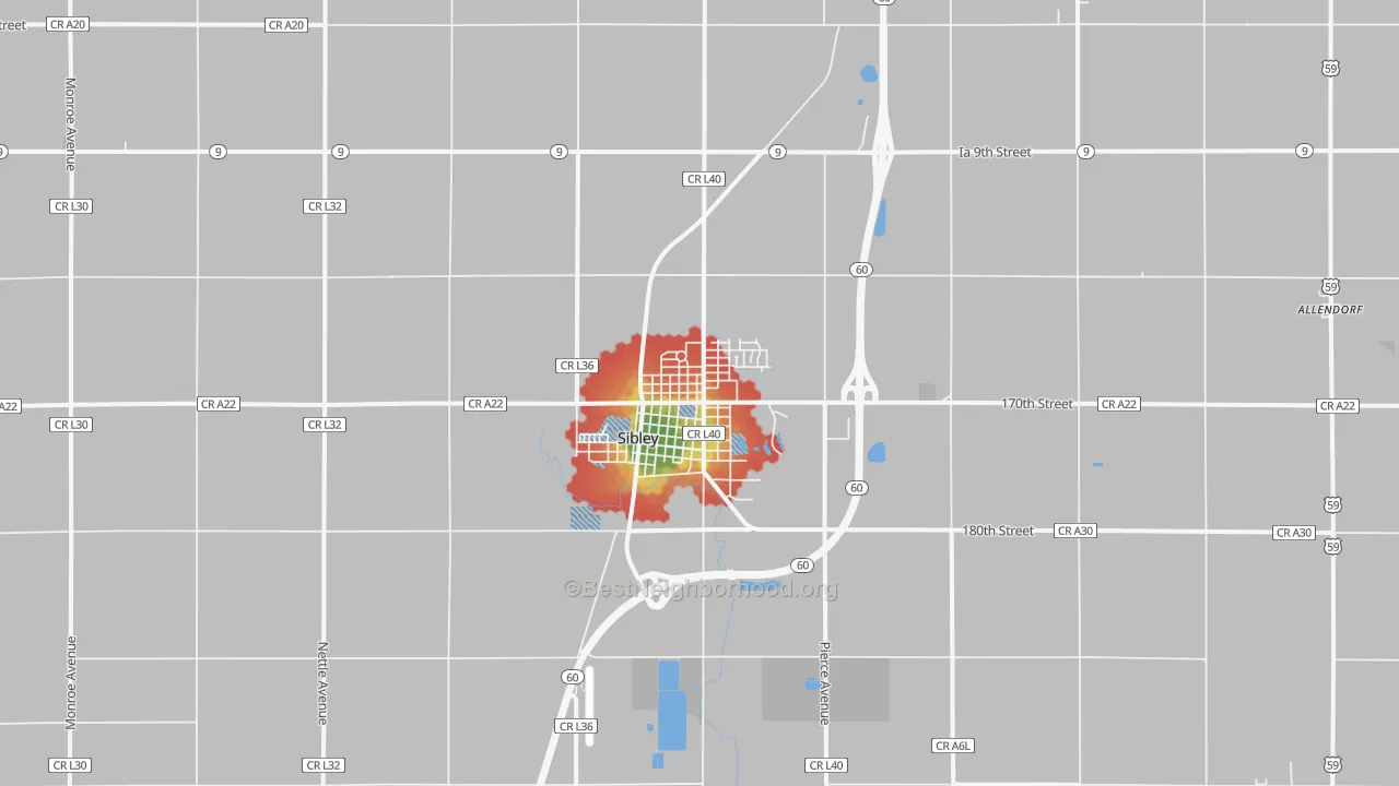 Walk Grade map of 51249, IA, walkable areas in green and car-dependent areas in red