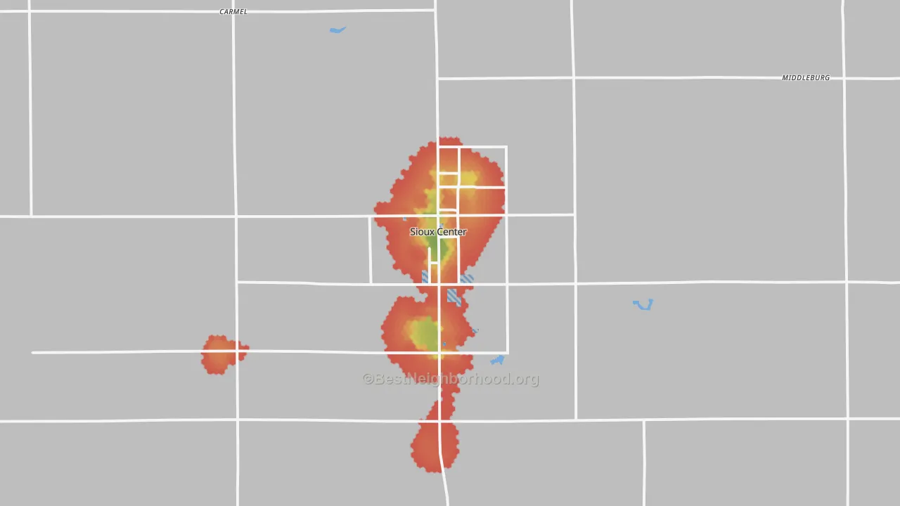 Walk Grade map of 51250, IA, walkable areas in green and car-dependent areas in red