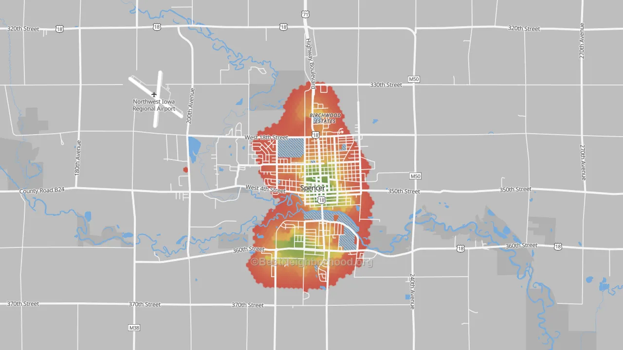 Walk Grade map of 51301, IA, walkable areas in green and car-dependent areas in red
