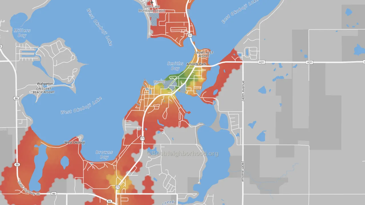 Walk Grade map of 51331, IA, walkable areas in green and car-dependent areas in red