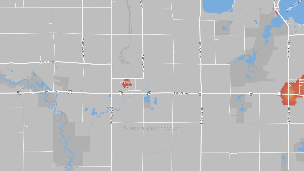 Walk Grade map of 51333, IA, walkable areas in green and car-dependent areas in red