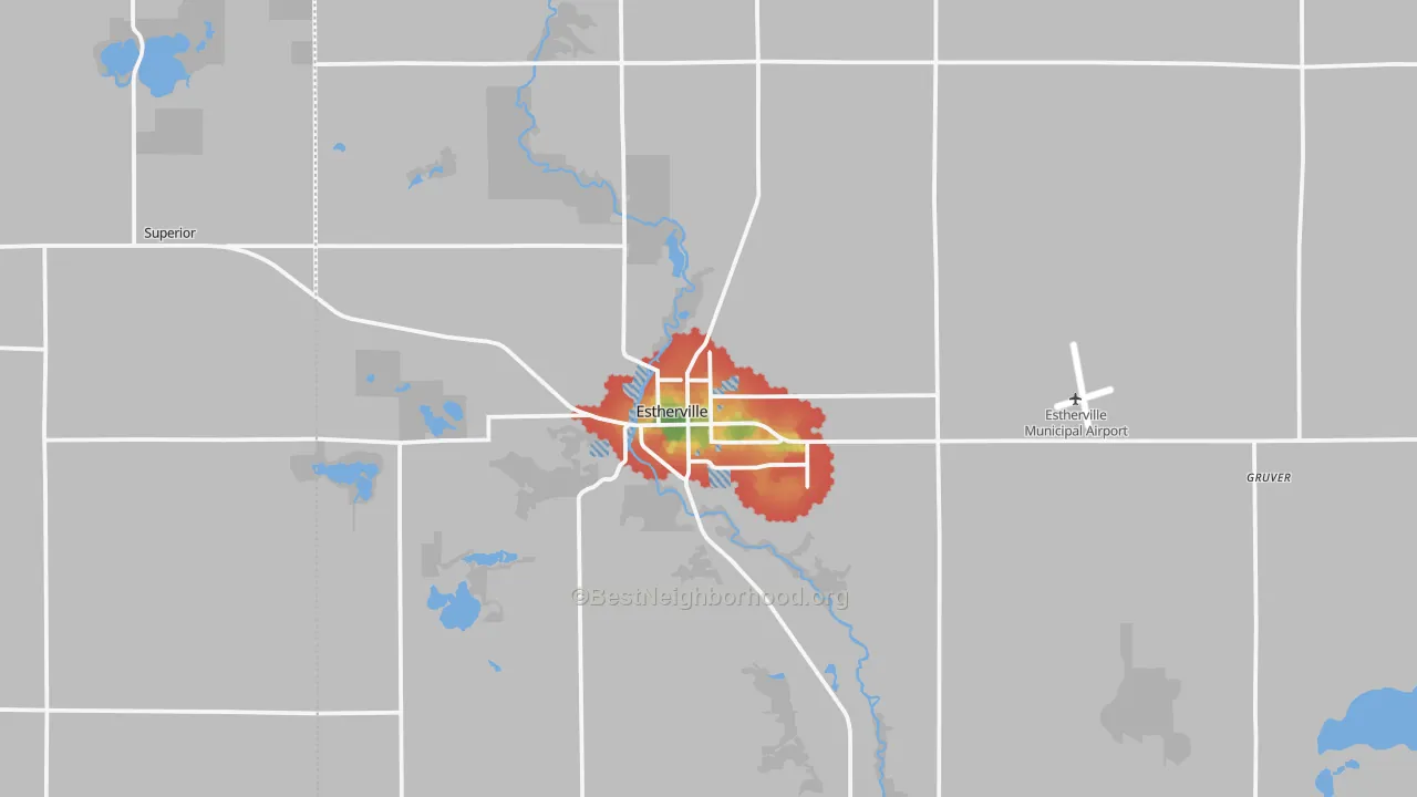 Walk Grade map of 51334, IA, walkable areas in green and car-dependent areas in red