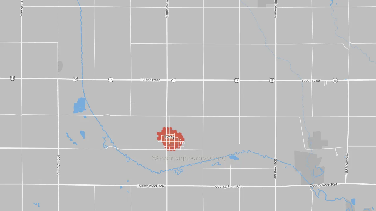 Walk Grade map of 51338, IA, walkable areas in green and car-dependent areas in red