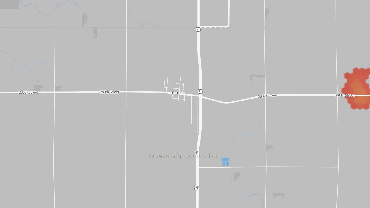 Walk Grade map of 51340, IA, walkable areas in green and car-dependent areas in red