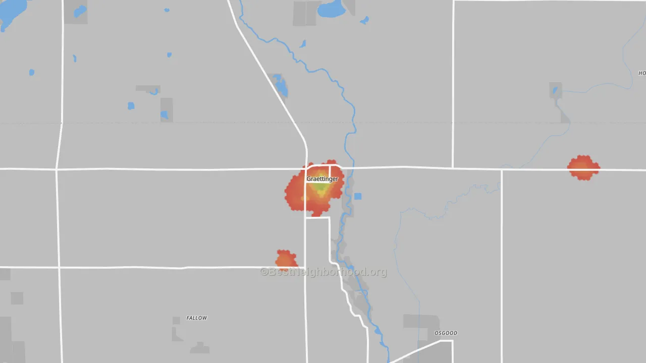 Walk Grade map of 51342, IA, walkable areas in green and car-dependent areas in red