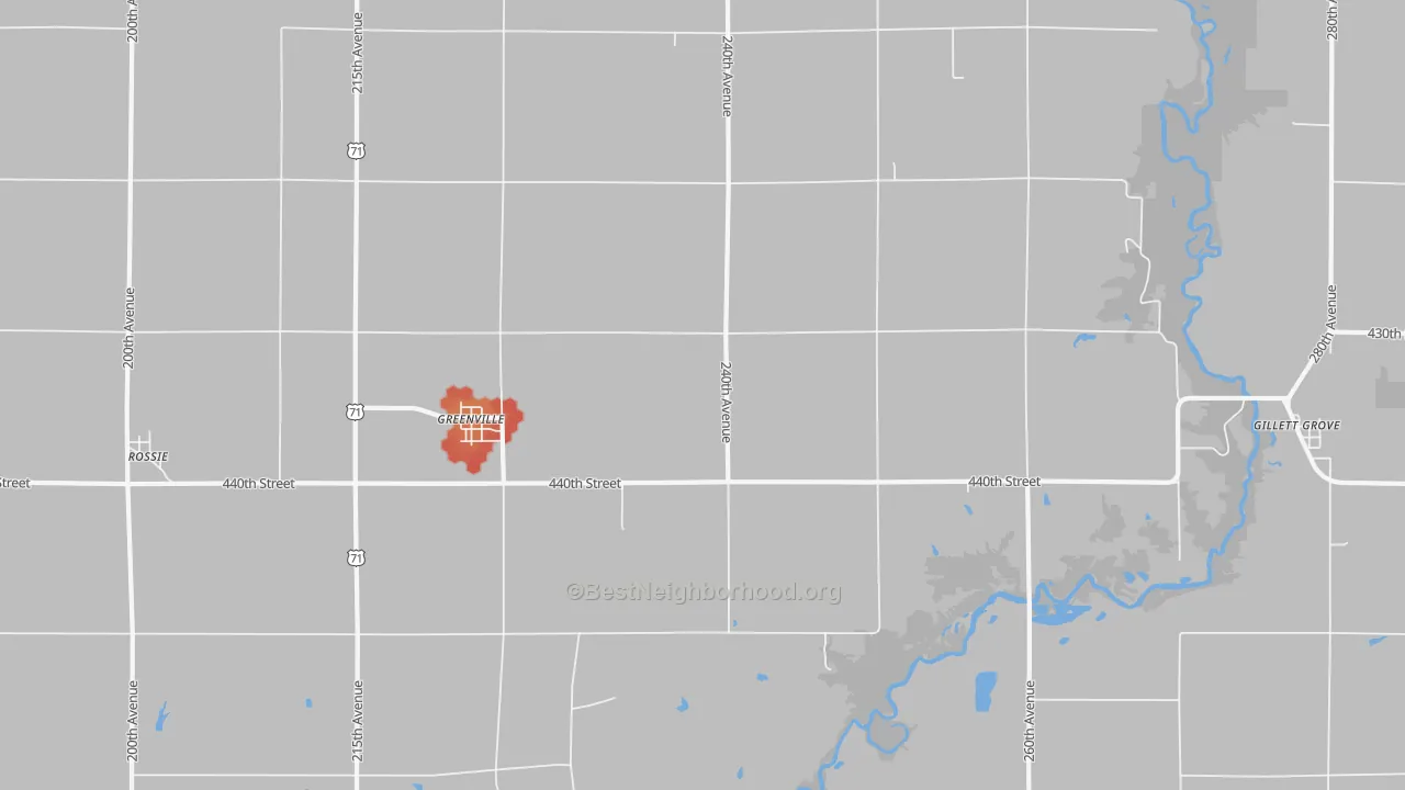 Walk Grade map of 51343, IA, walkable areas in green and car-dependent areas in red