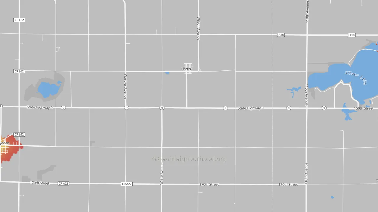 Walk Grade map of 51345, IA, walkable areas in green and car-dependent areas in red