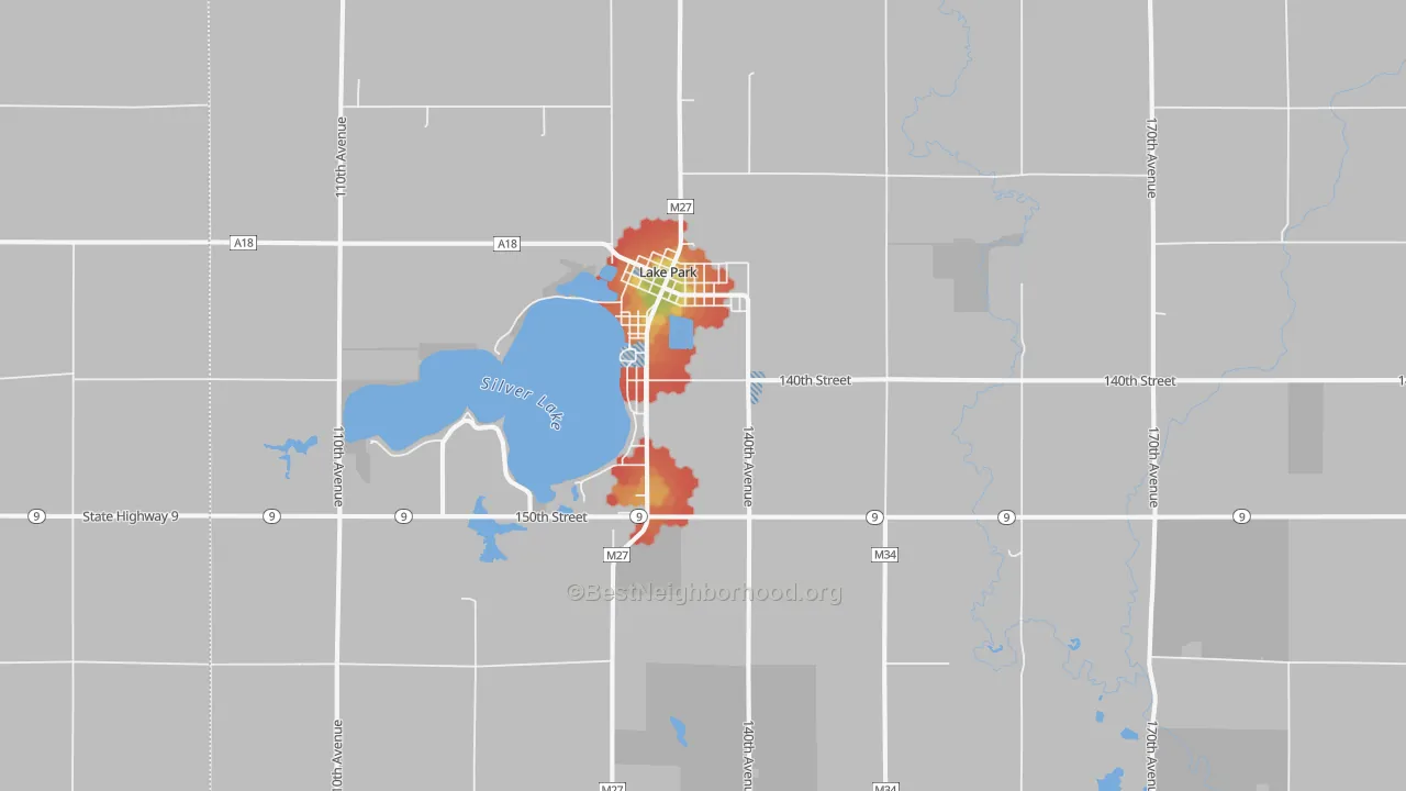 Walk Grade map of 51347, IA, walkable areas in green and car-dependent areas in red