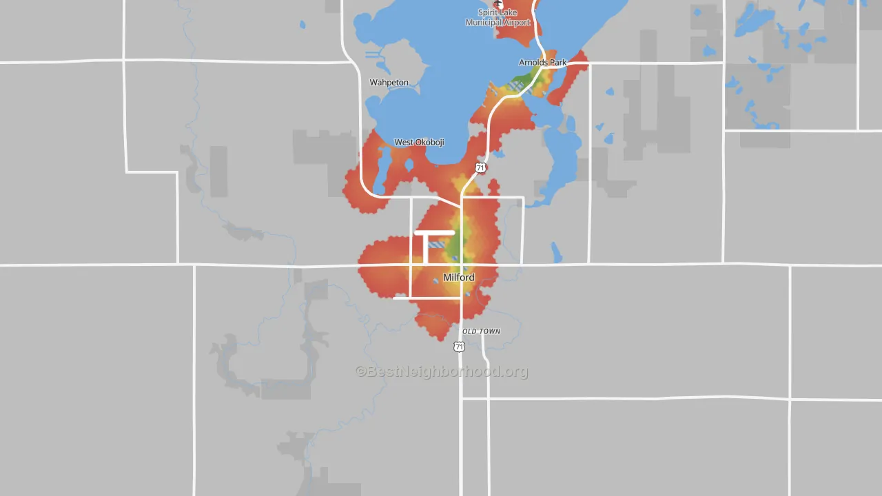 Walk Grade map of 51351, IA, walkable areas in green and car-dependent areas in red