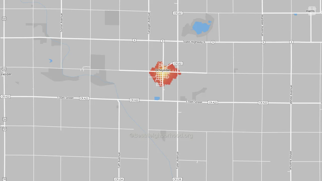 Walk Grade map of 51354, IA, walkable areas in green and car-dependent areas in red