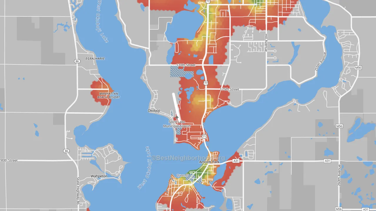 Walk Grade map of 51355, IA, walkable areas in green and car-dependent areas in red