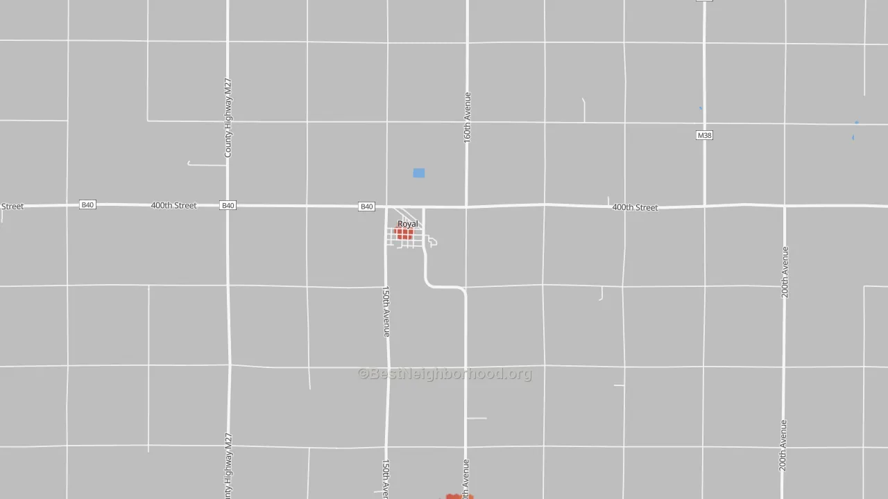 Walk Grade map of 51357, IA, walkable areas in green and car-dependent areas in red