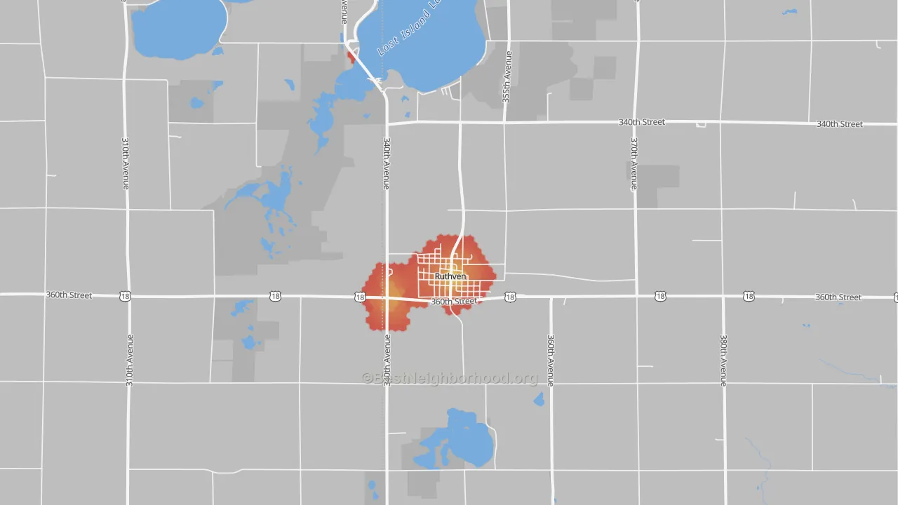Walk Grade map of 51358, IA, walkable areas in green and car-dependent areas in red