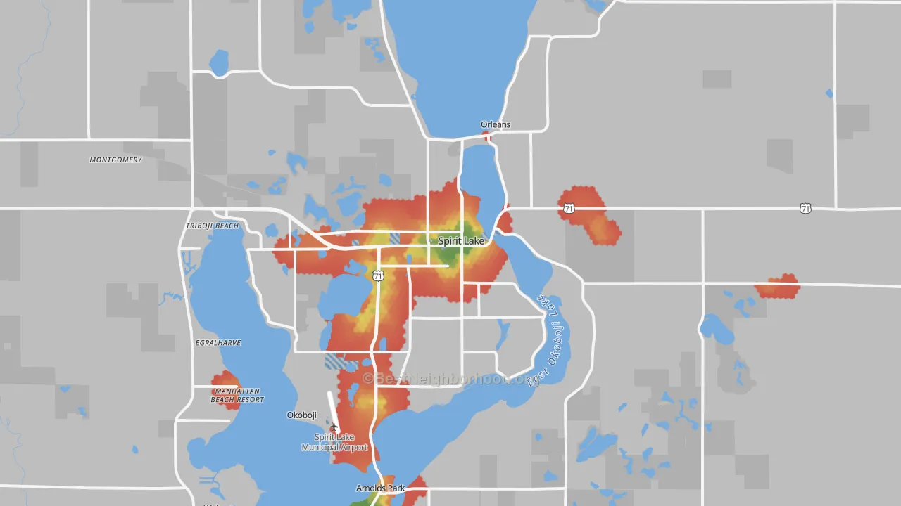 Walk Grade map of 51360, IA, walkable areas in green and car-dependent areas in red