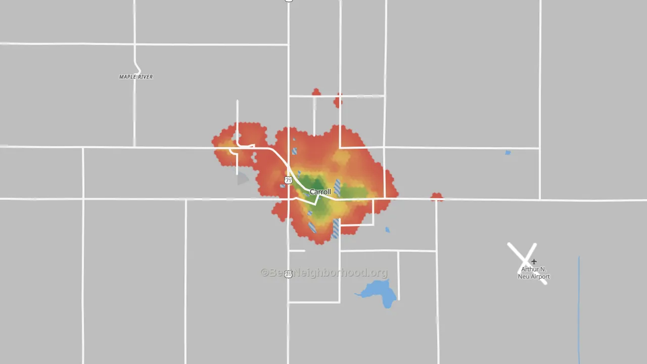Walk Grade map of 51401, IA, walkable areas in green and car-dependent areas in red