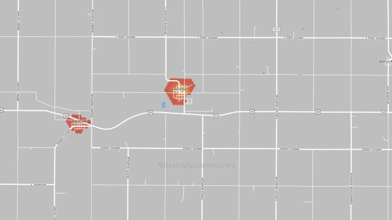Walk Grade map of 51430, IA, walkable areas in green and car-dependent areas in red