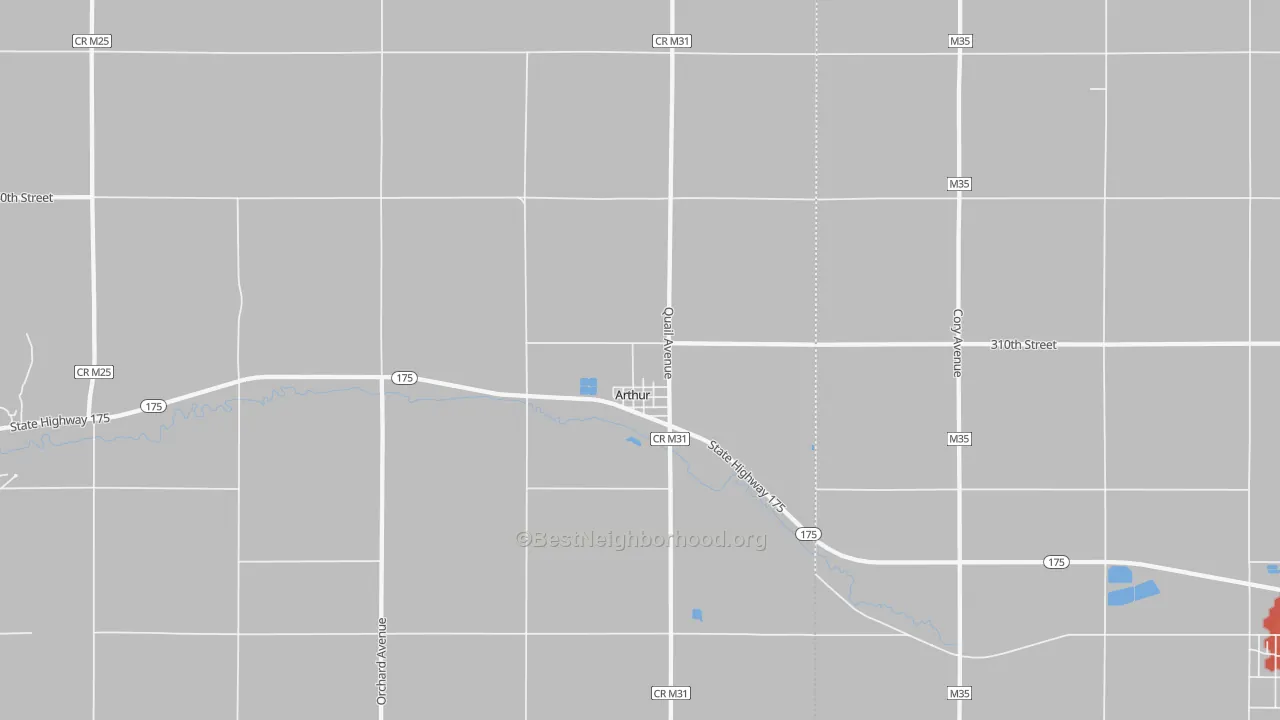Walk Grade map of 51431, IA, walkable areas in green and car-dependent areas in red