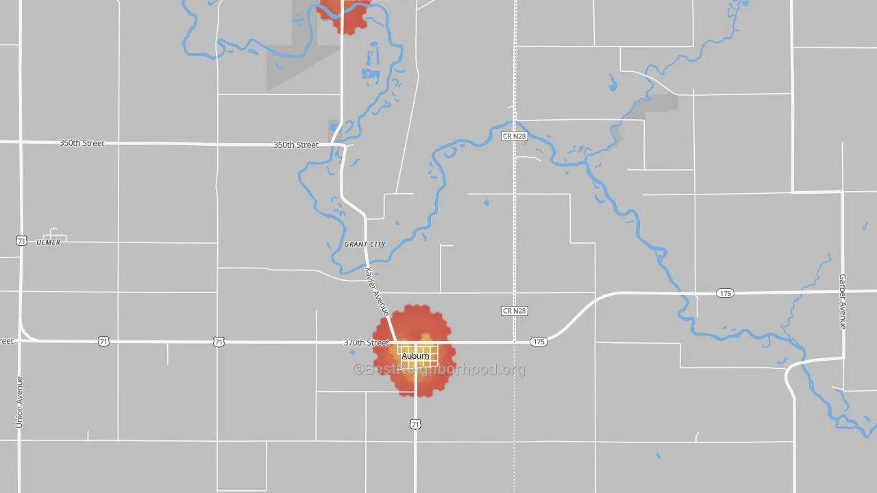 Walk Grade map of 51433, IA, walkable areas in green and car-dependent areas in red