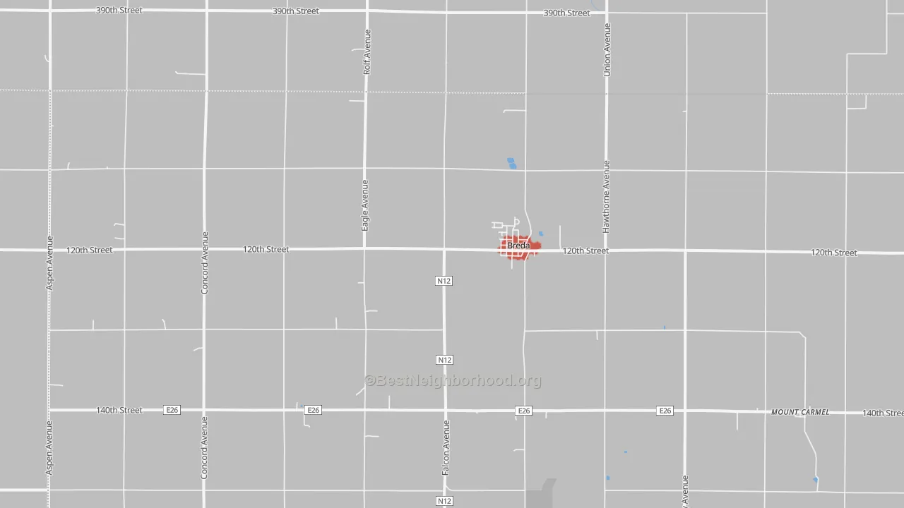 Walk Grade map of 51436, IA, walkable areas in green and car-dependent areas in red