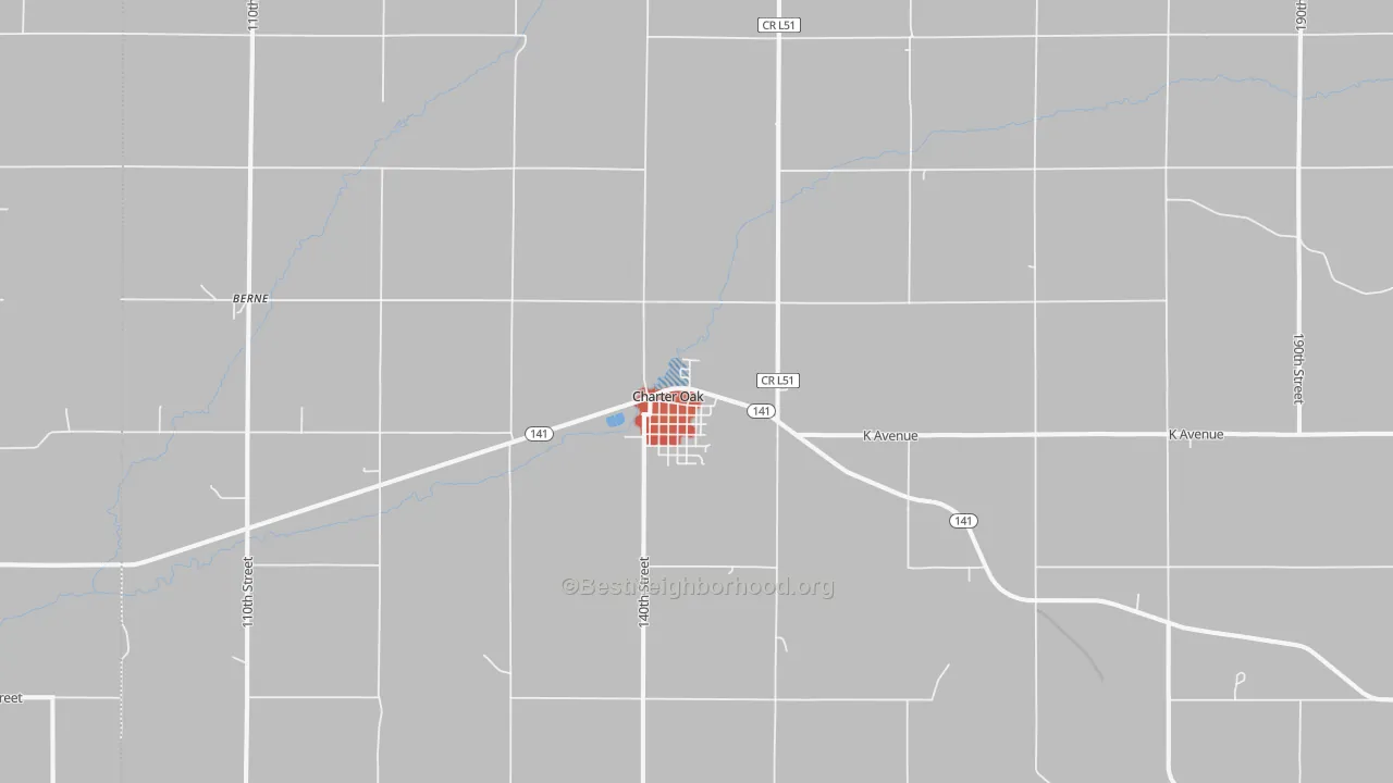 Walk Grade map of 51439, IA, walkable areas in green and car-dependent areas in red