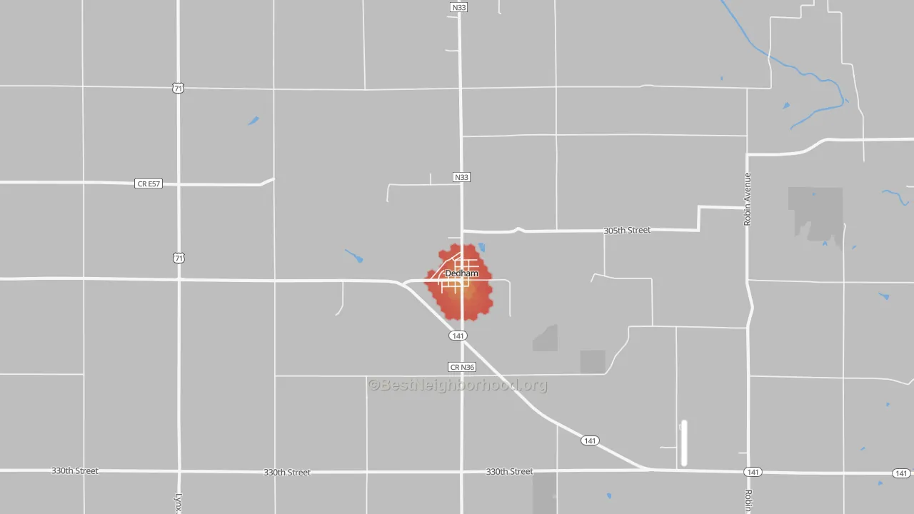 Walk Grade map of 51440, IA, walkable areas in green and car-dependent areas in red