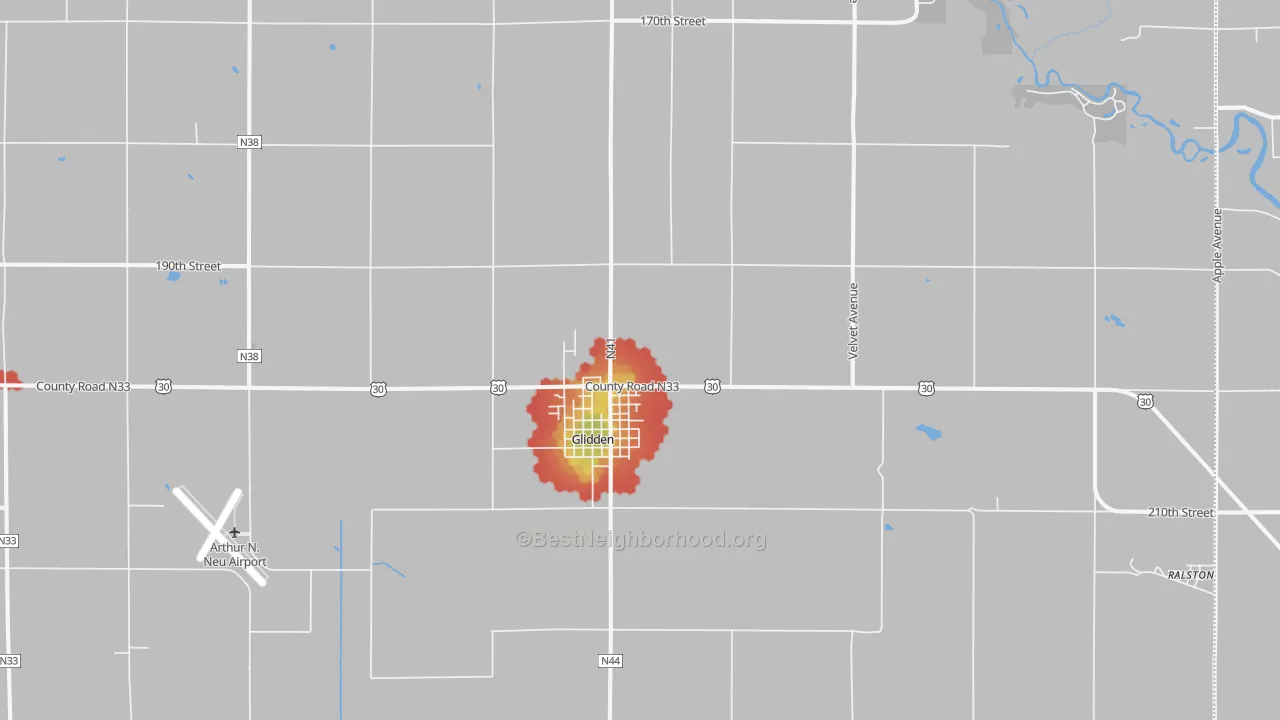 Walk Grade map of 51443, IA, walkable areas in green and car-dependent areas in red