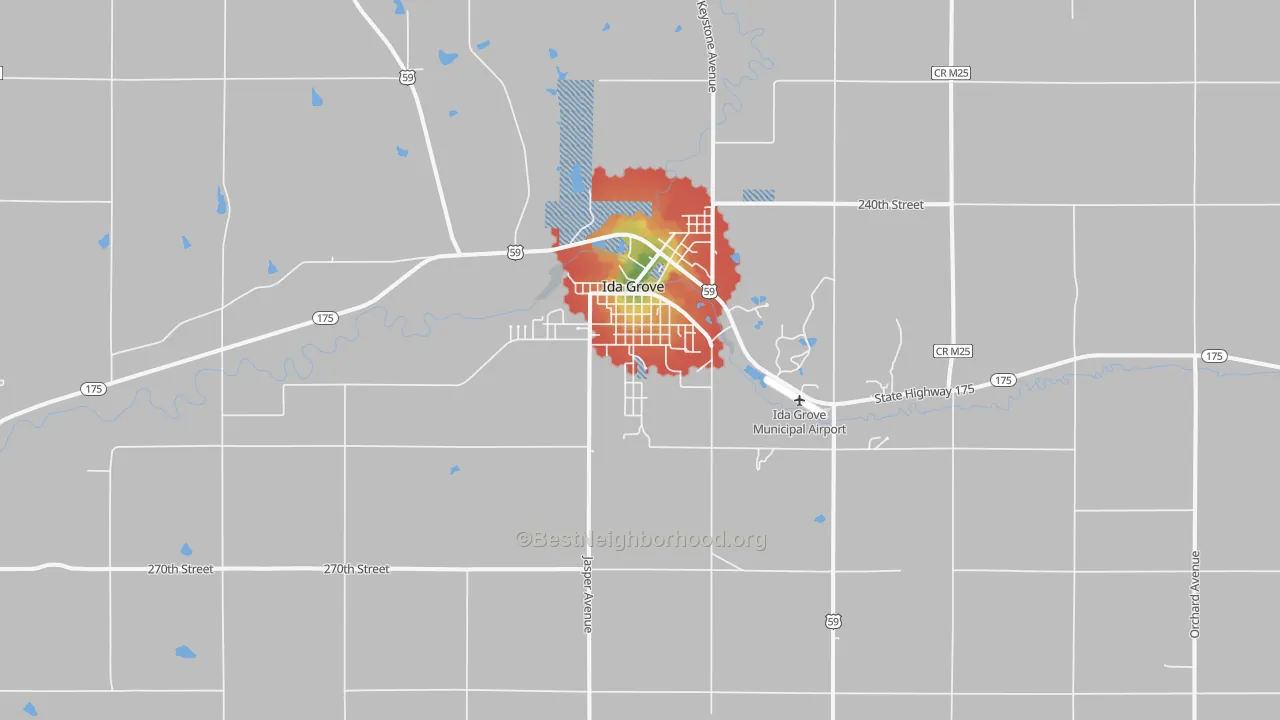 Walk Grade map of 51445, IA, walkable areas in green and car-dependent areas in red