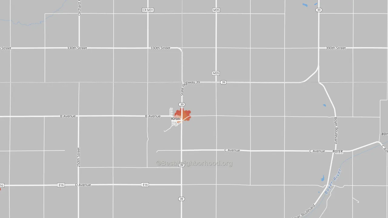 Walk Grade map of 51448, IA, walkable areas in green and car-dependent areas in red