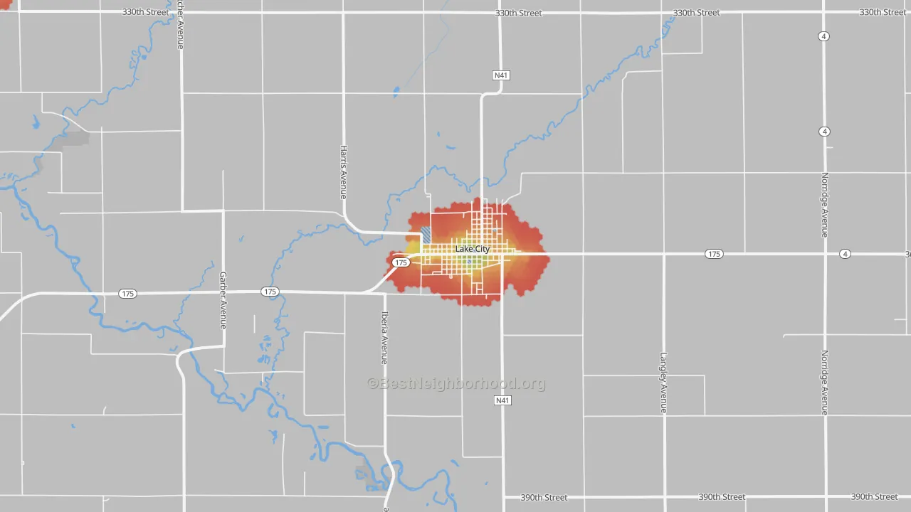 Walk Grade map of 51449, IA, walkable areas in green and car-dependent areas in red