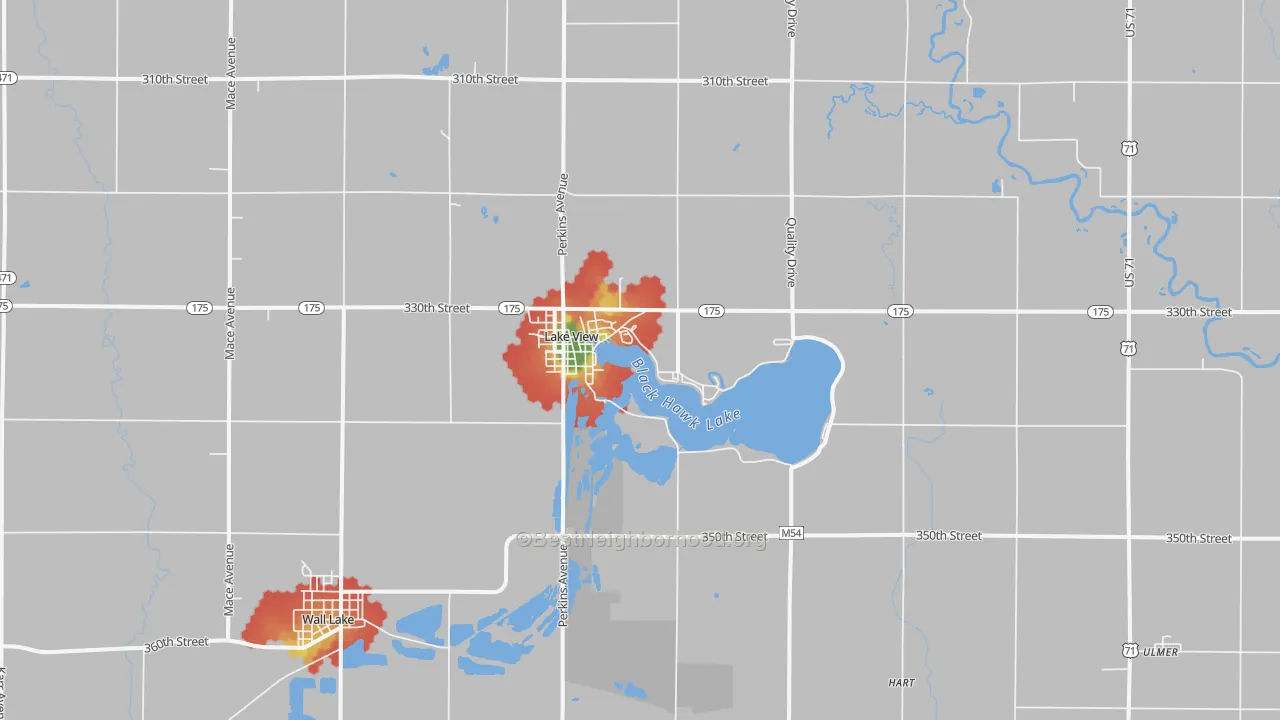 Walk Grade map of 51450, IA, walkable areas in green and car-dependent areas in red