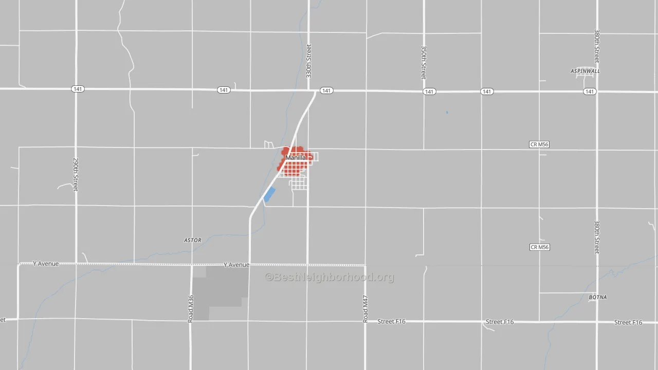 Walk Grade map of 51454, IA, walkable areas in green and car-dependent areas in red