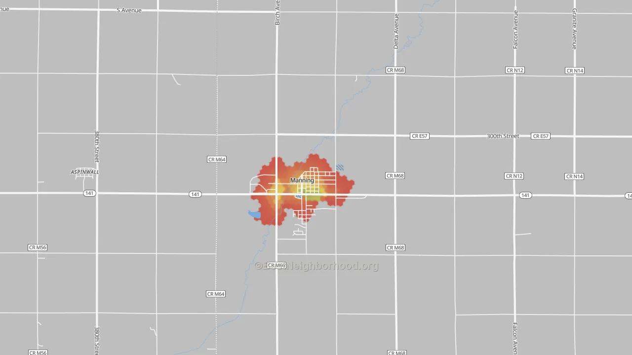 Walk Grade map of 51455, IA, walkable areas in green and car-dependent areas in red