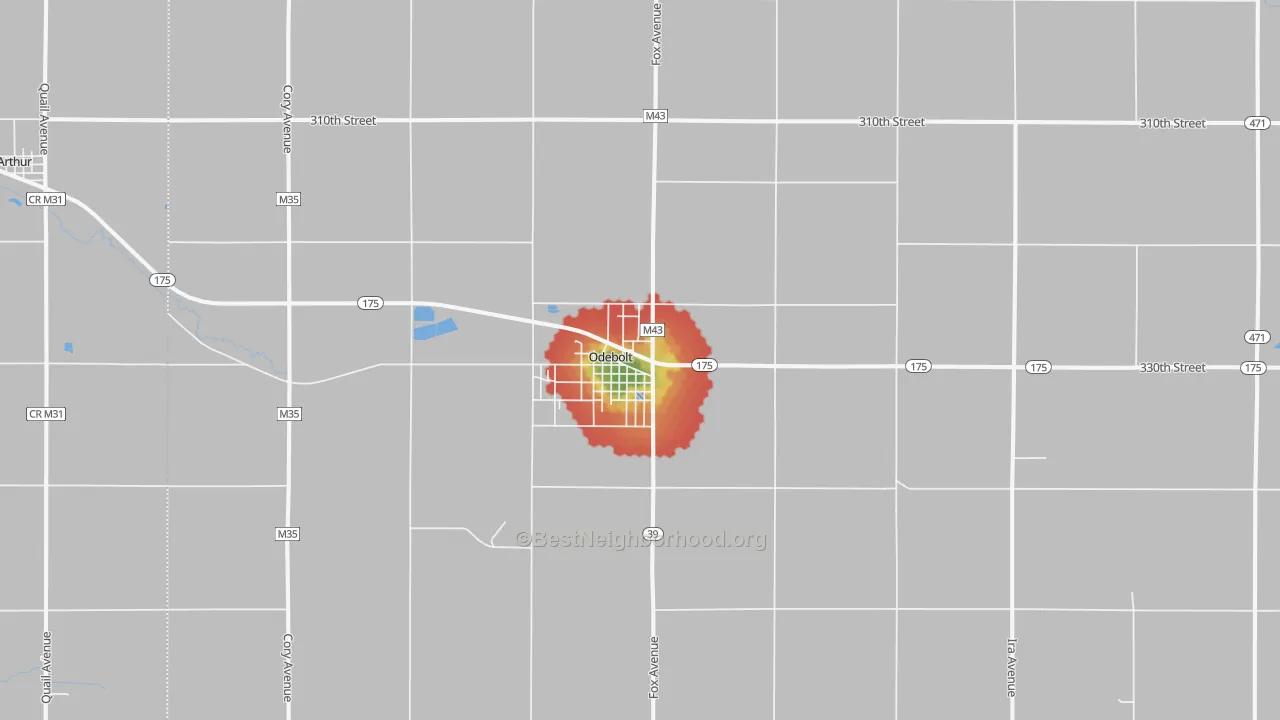 Walk Grade map of 51458, IA, walkable areas in green and car-dependent areas in red