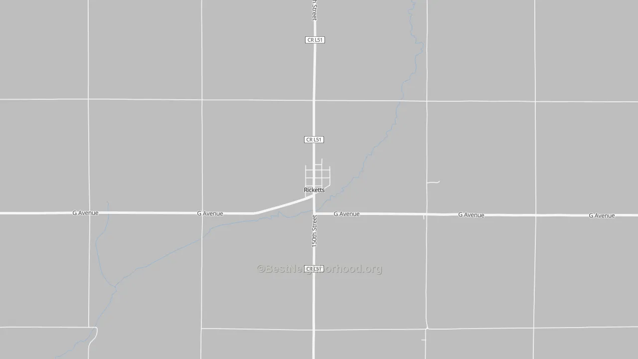 Walk Grade map of 51460, IA, walkable areas in green and car-dependent areas in red