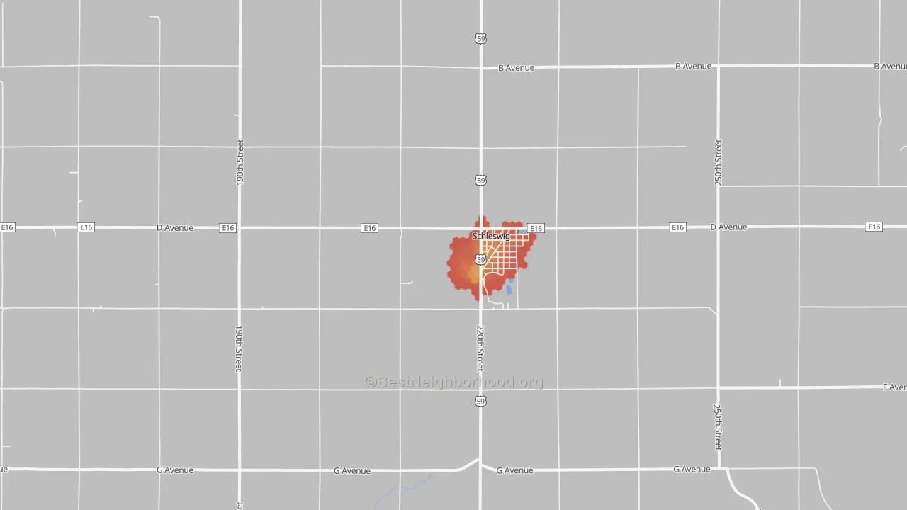Walk Grade map of 51461, IA, walkable areas in green and car-dependent areas in red