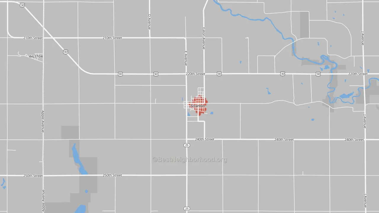 Walk Grade map of 51462, IA, walkable areas in green and car-dependent areas in red