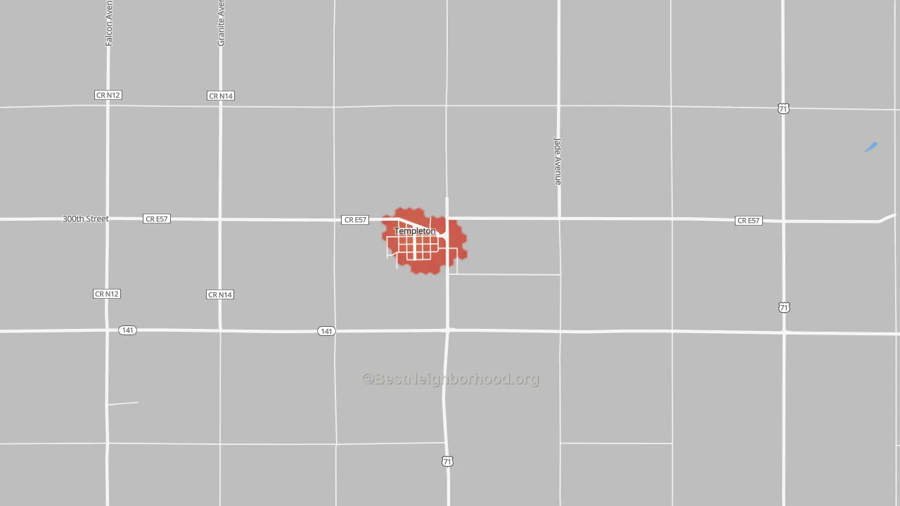 Walk Grade map of 51463, IA, walkable areas in green and car-dependent areas in red